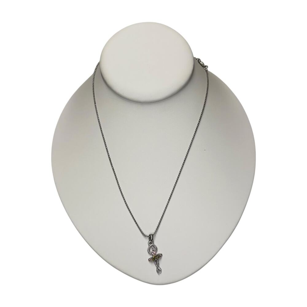 Silver Ballerina Pendant Necklace Pink Rhinestone Ball Chain Dance - Picture 1 of 6